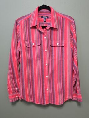Chaps Womens Coral Pink & Purple Striped Button-Down Shirt Sz M